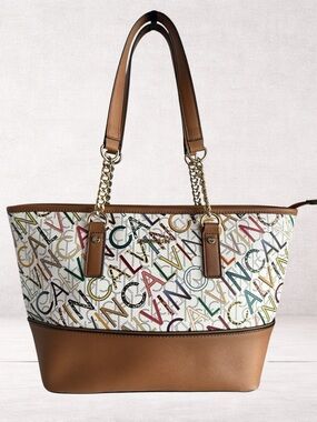 Calvin Klein White Multicolor Logo Tote with Brown Trim